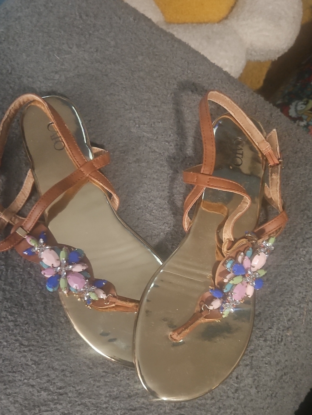 Cato Brown Jeweled T-Strap Sandals with Pink, Blue & Green Gems